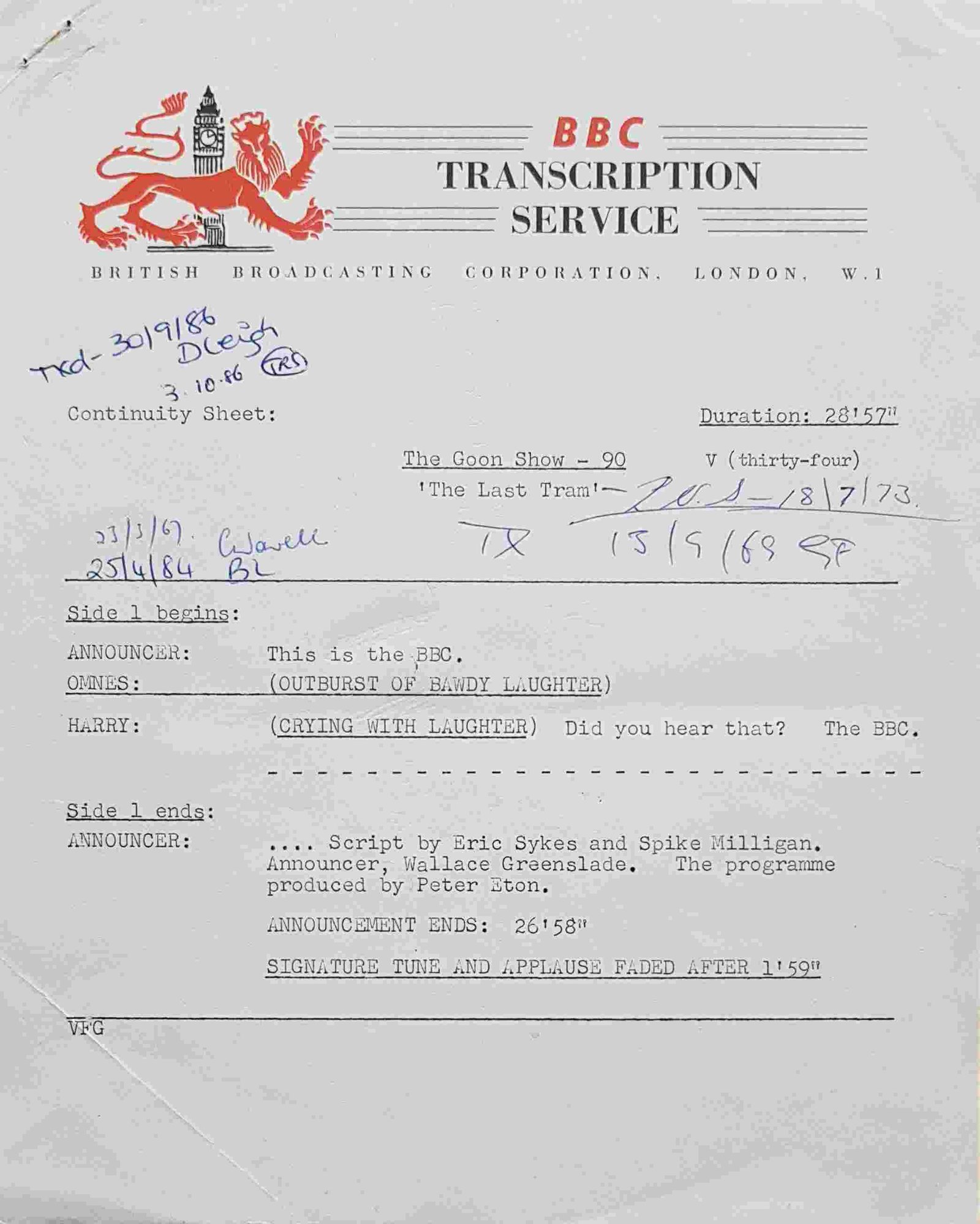 110598 The Goon show - 89 & 90 Eric Sykes / Spike Milligan Inserts from 110598